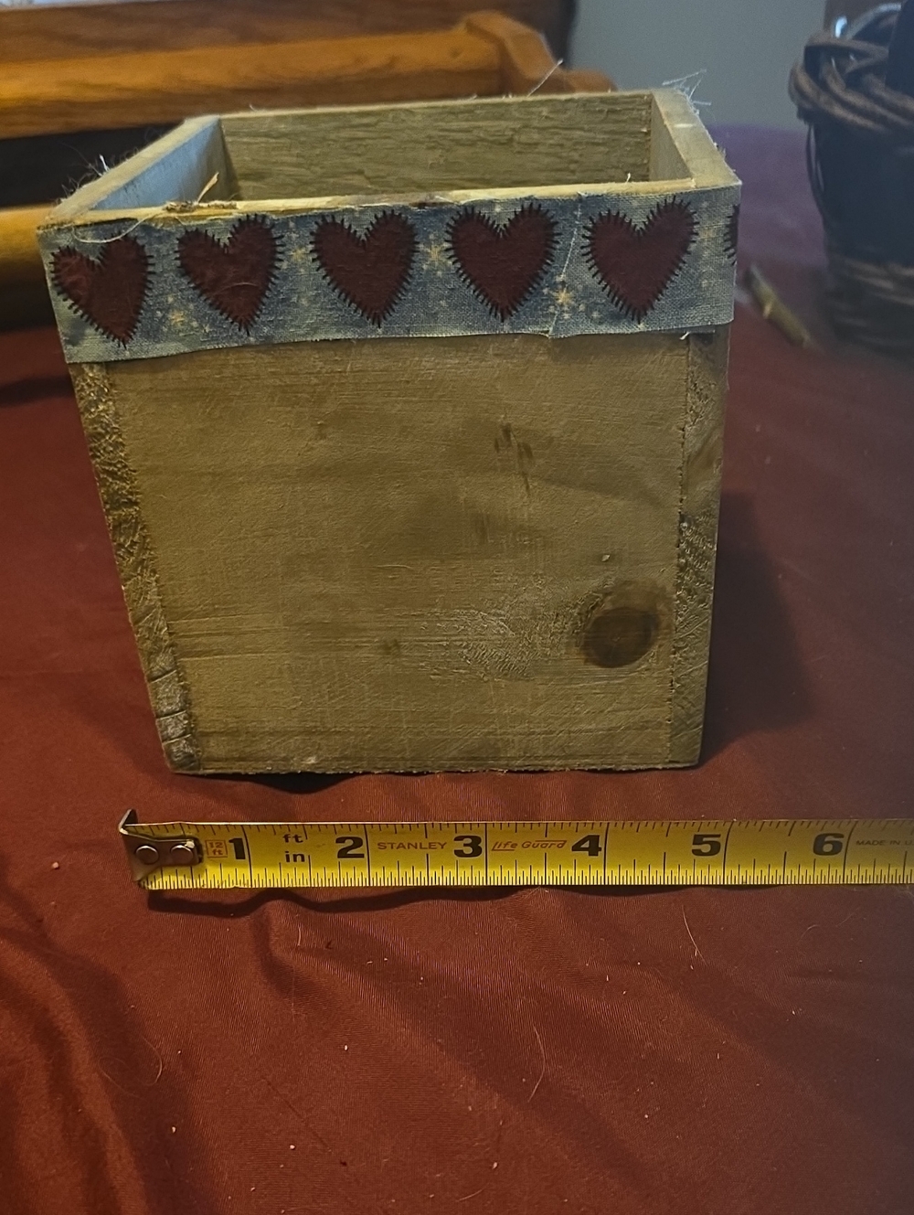 Rustic Wooden Cube Planter with Red Heart Trim